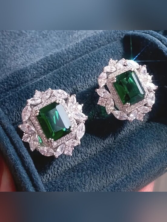 Neiman Marcus Jewelry - White Rhodium Emerald Halo Post Earrings